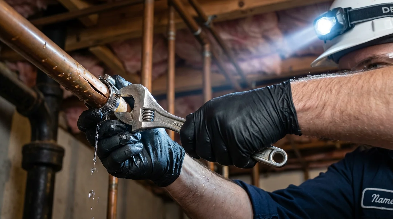 Emergency pipe clamp repair being performed by a Johns Plumbing LLC plumber in Fairfax