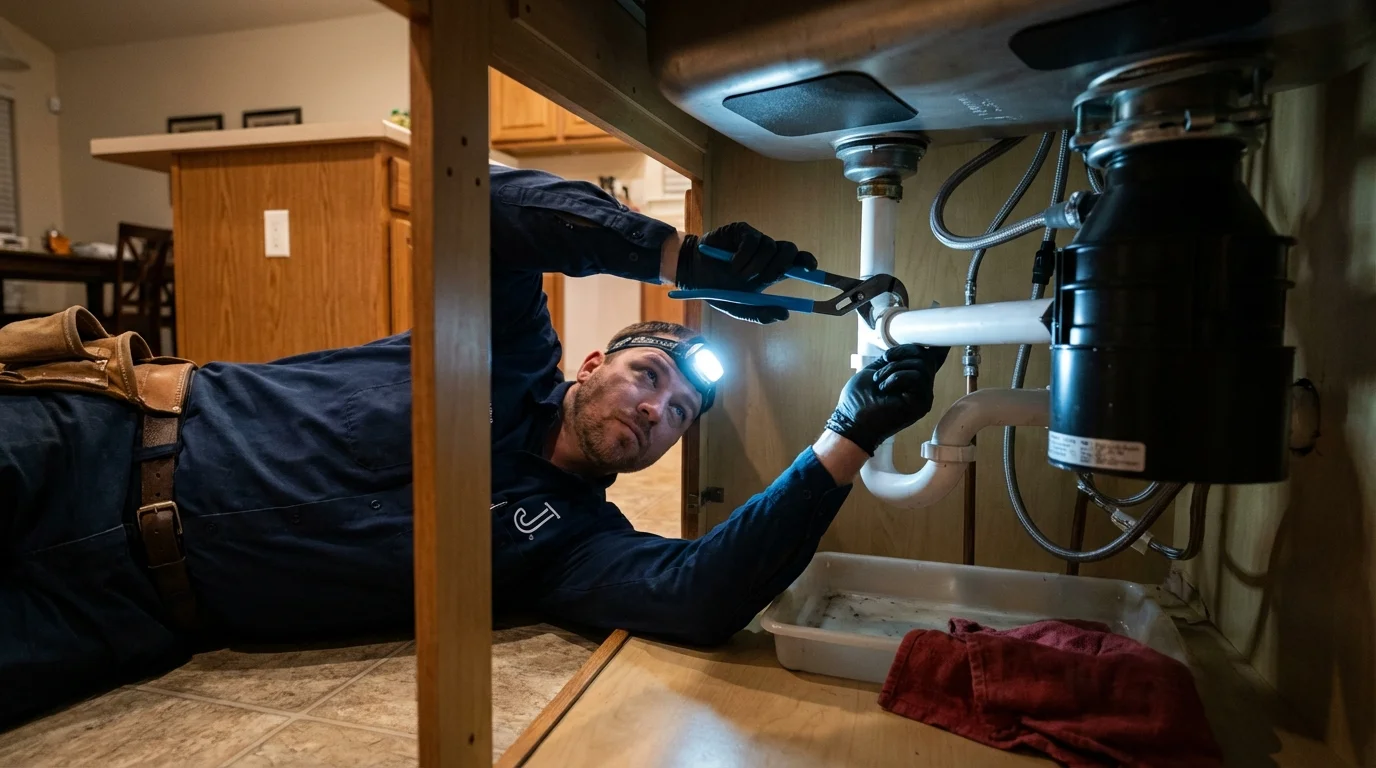 P-trap and supply line connections under a kitchen sink showing a common leak point in Fairfax, VA